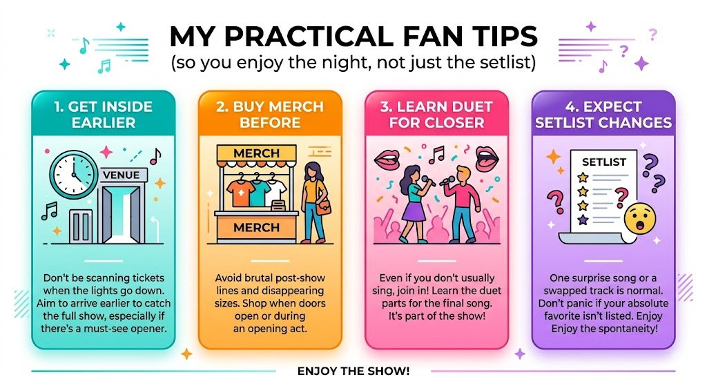 My practical fan tips (so you enjoy the night, not just the setlist)